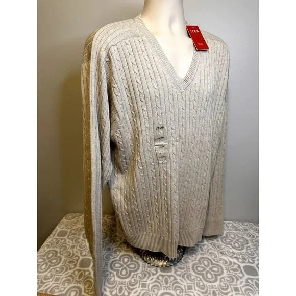Izod 100% Cotton Beige V-Neck Cable Knit Sweater, NWT, Mens XL, $65 Retail - Picture 5 of 14